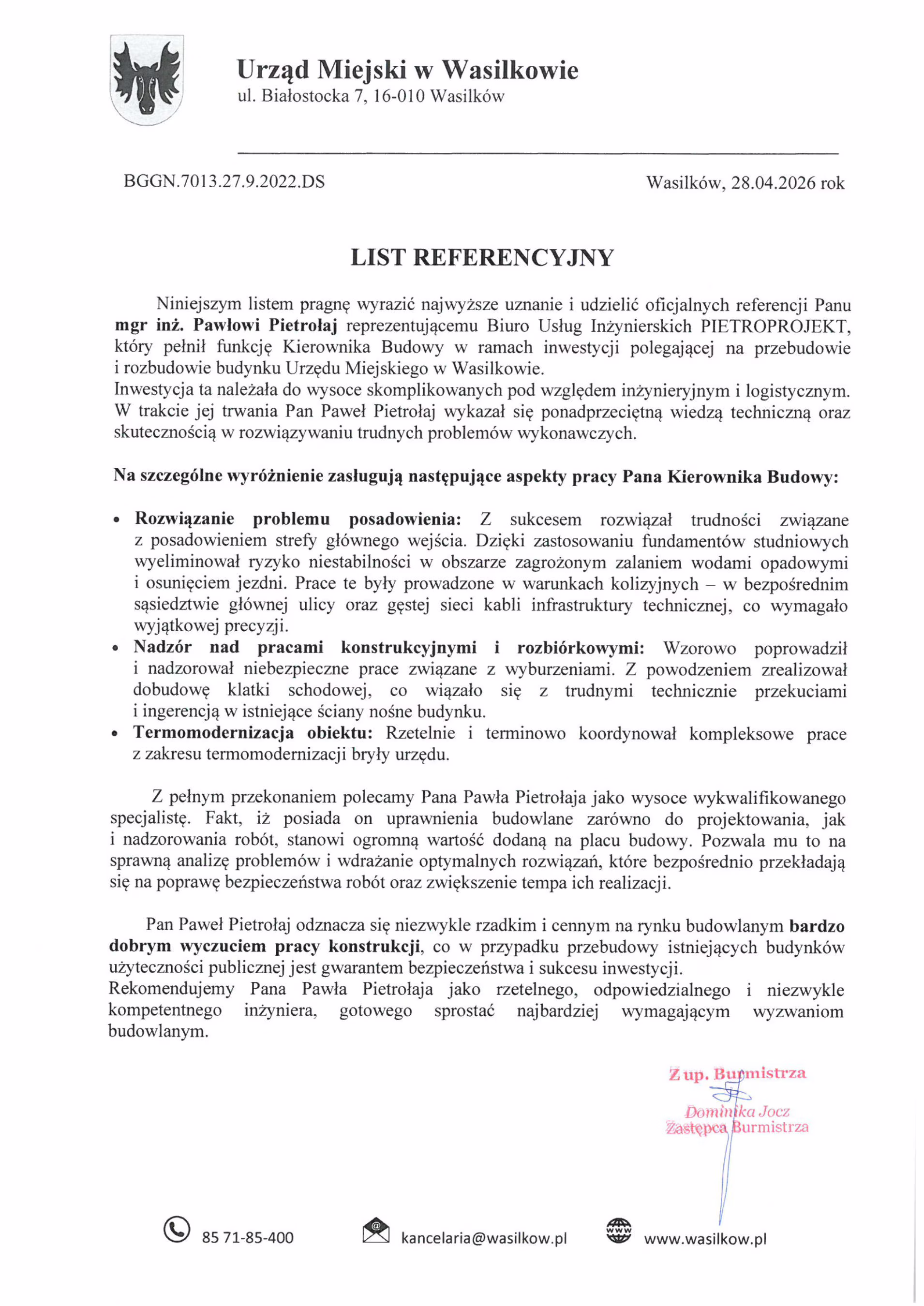 Referencje Urząd Miejski w Wasilkowie - inż. Paweł Pietrołaj